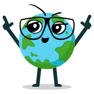 Frankie Neighborhood, a cartoon globe with arms, legs, and glasses.  They are smiling and pointing both arms in the air in celebration