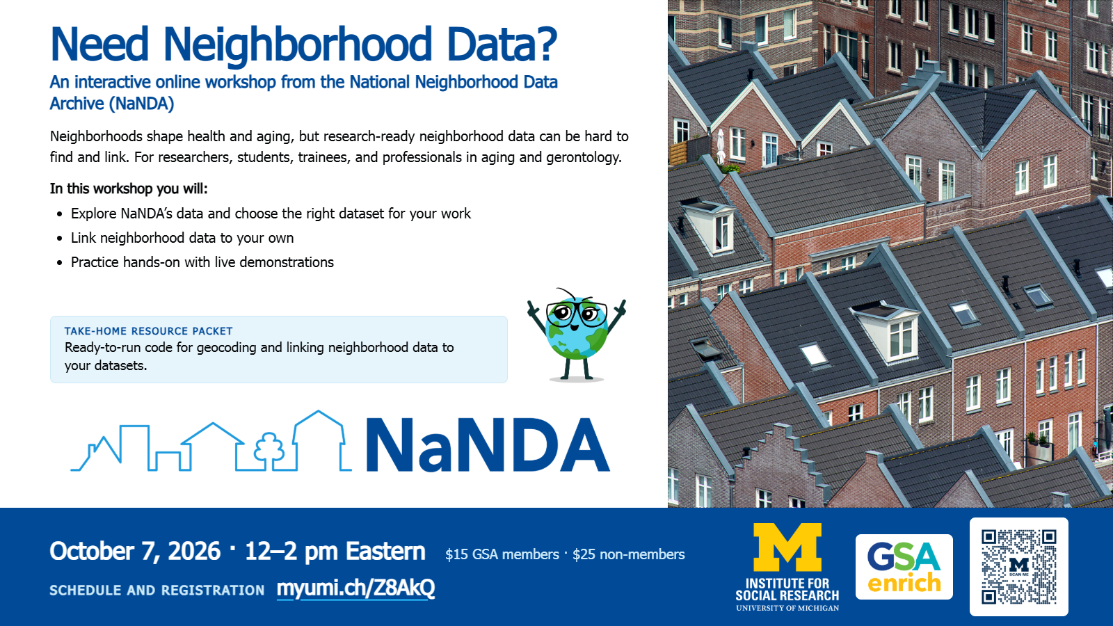 Flyer for NaNDA's online workshop, "Need Neighborhood Data?", on October 7, 2026, from noon to 2 pm Eastern, with registration at myumi.ch/Z8AkQ. I left presenter names out since I don't have them confirmed; they'd fit nicely as a line under "Workshop details" if you want to add them.